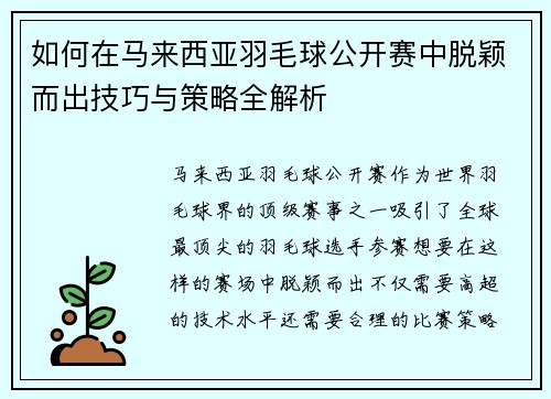 如何在马来西亚羽毛球公开赛中脱颖而出技巧与策略全解析